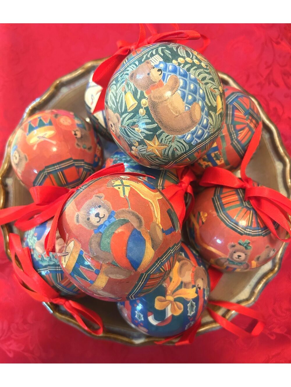 Teddy Bear Christmas Ornaments Set of 9 Paper Mache Decoupage Holiday Decor